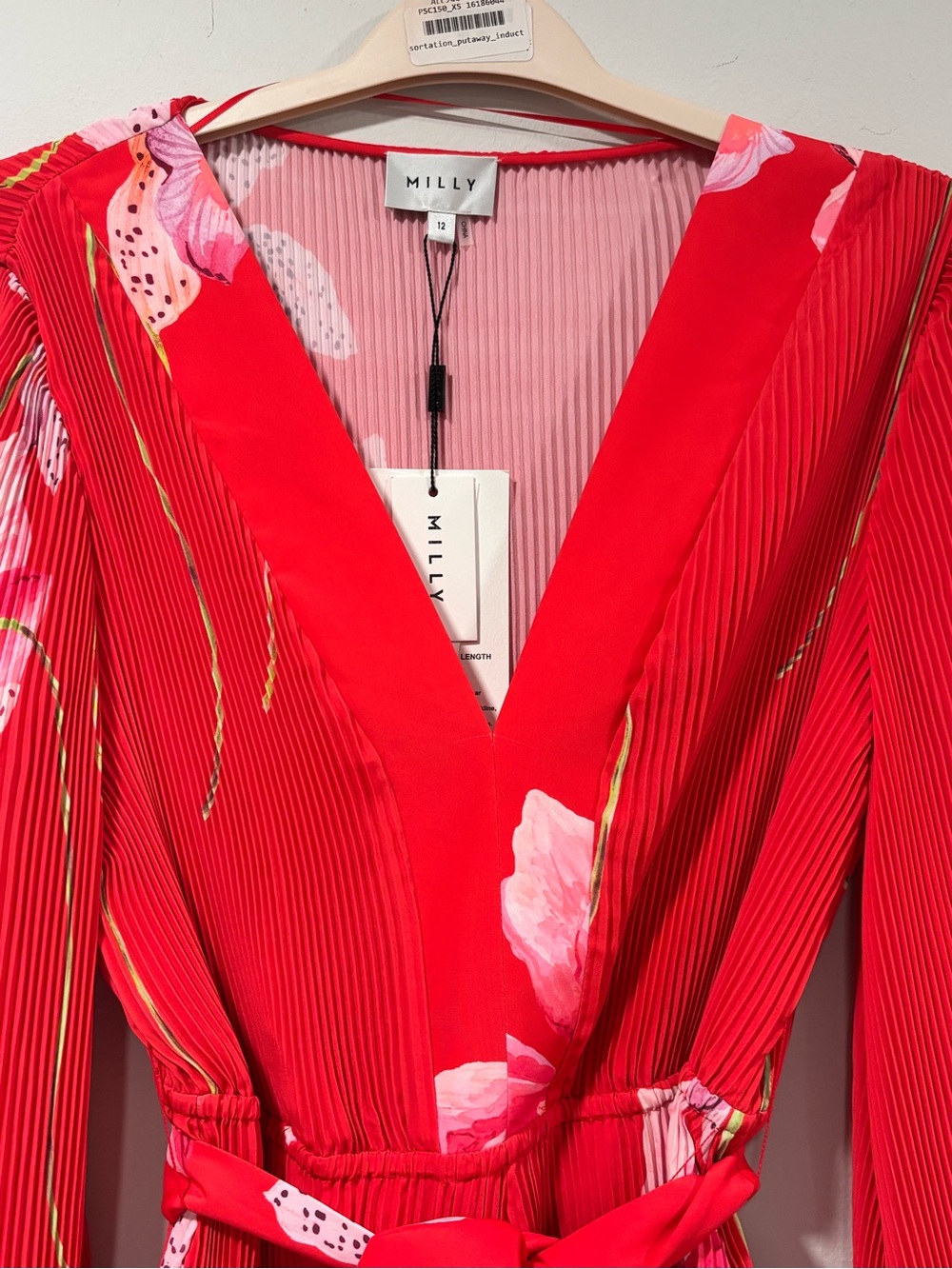 Milly Liv Pleated Floral Mini Dress NWT Red Pink Tie Waist Size 12 $450 Pleated - Picture 3 of 13